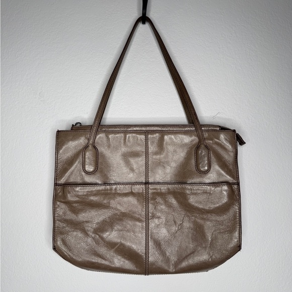 Hobo Leather Shoulder Tote Bag Brown Taupe Two Exterior Pockets Floral Lining - Picture 2 of 11